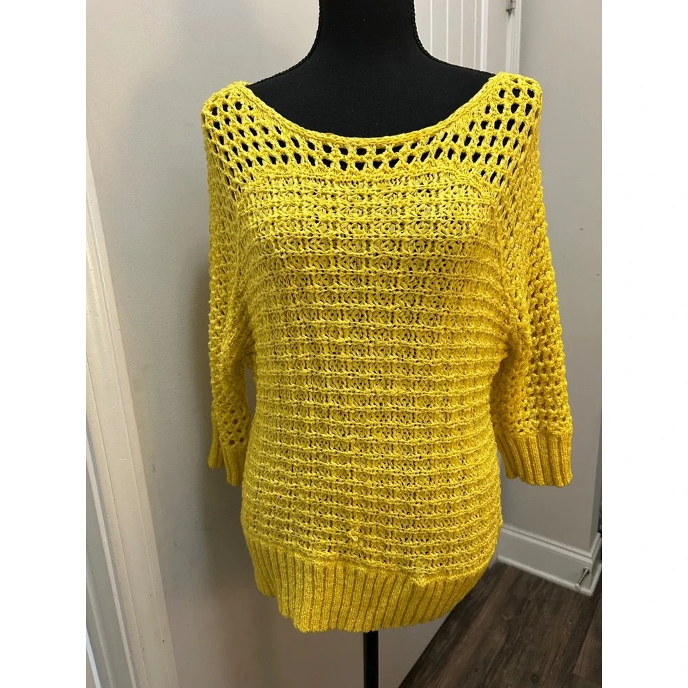 Calvin Klein Yellow Open Knit Boat Neck Sweater‎ 3/4 Sleeve Large